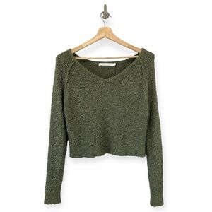 Quiet Storm Green Cropped V-Neck Textured Knit Sweater Size Small